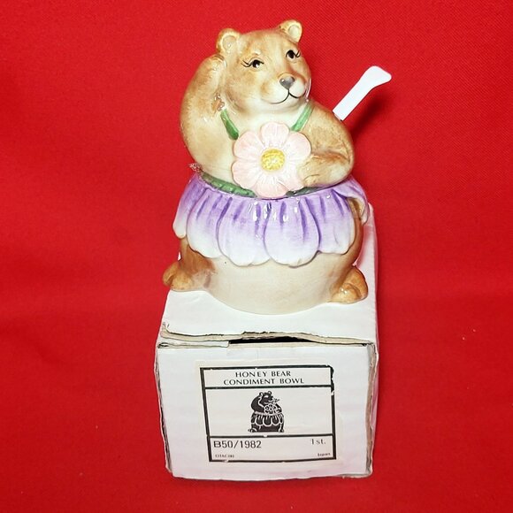 Vintage Otagiri Japan Honey Bear Condiment Bowl Serving Spoon Hand Painted - Picture 2 of 13